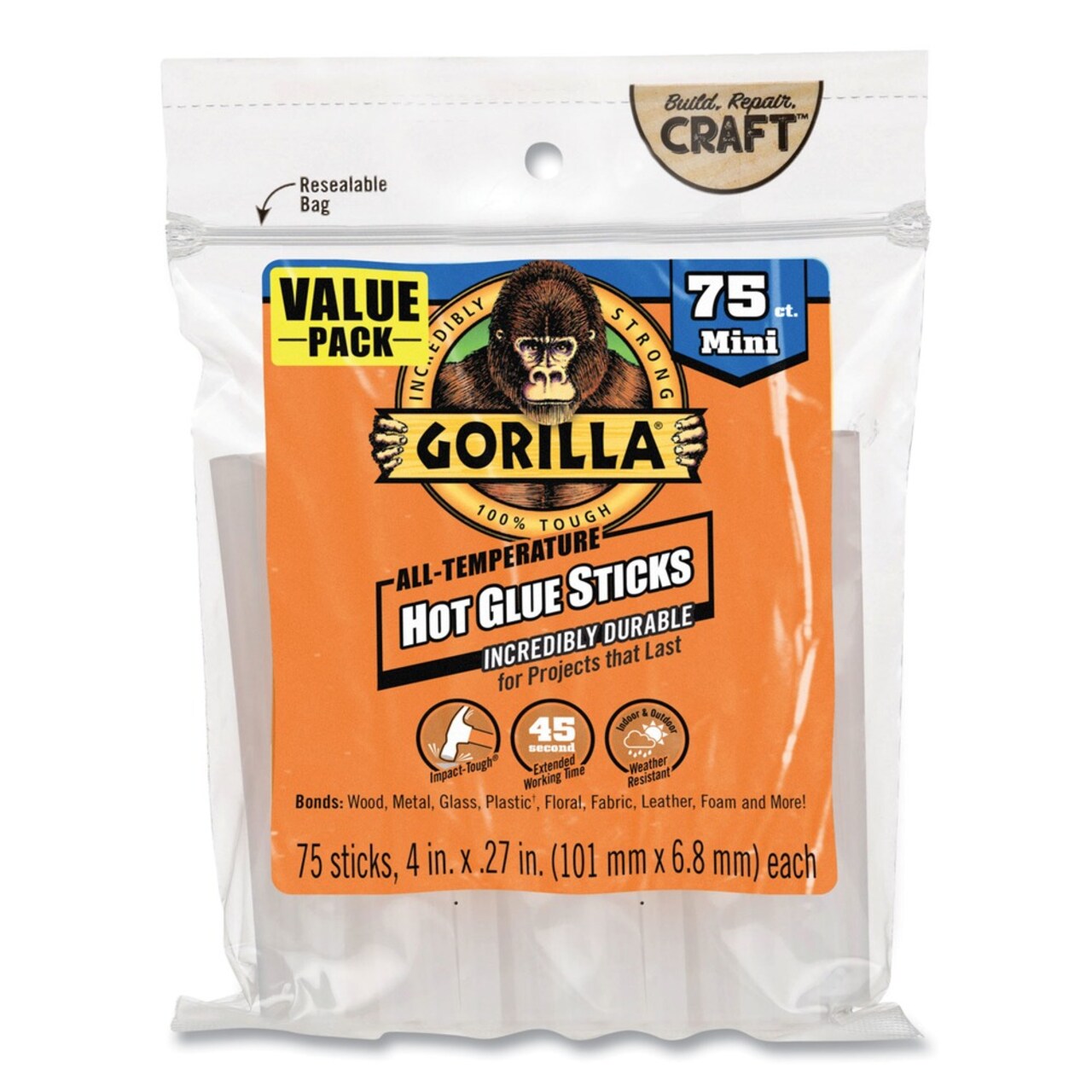 Gorilla Glue 0.27 in. Diameter x 4 in. Mini Hot Glue Sticks - Dries Clear (75/Pack)
